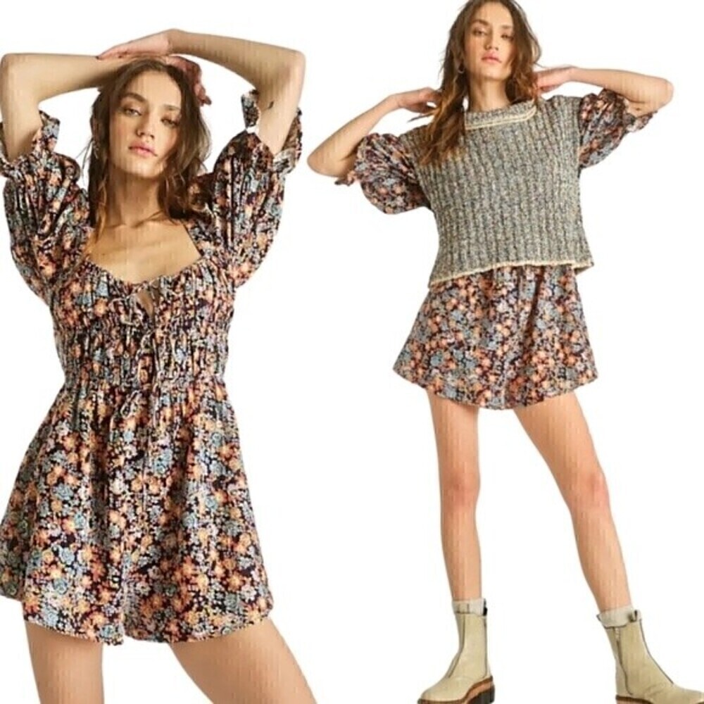 New! Free People Show Me Love Linen Navy Bohemian Floral Puff Sleeve Romper